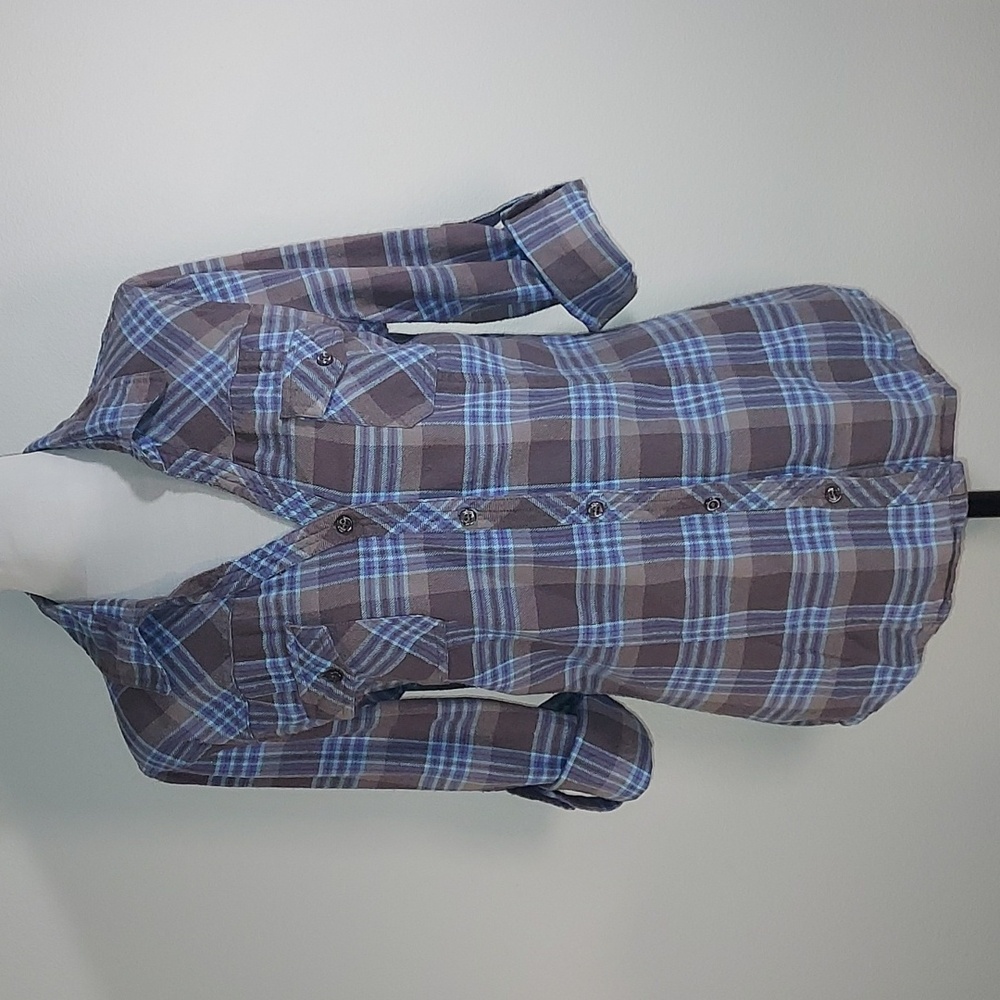 Bongo Grey Periwinkle Blue Roll Tab Sleeve Plaid V-Neck Flannel Size XL